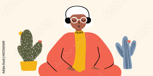 A serene elderly individual is deeply engrossed in meditation while listening to music, a depiction of tranquility, and the appreciation for peaceful solitude.