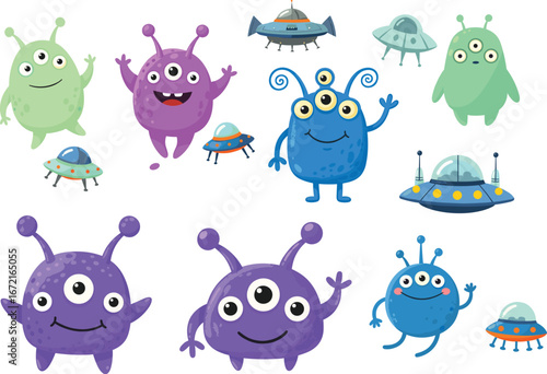 Cute cartoon alien characters with spaceships, UFOs, three-eyed monsters, colorful space creatures, galaxy theme, isolated flat vector clipart