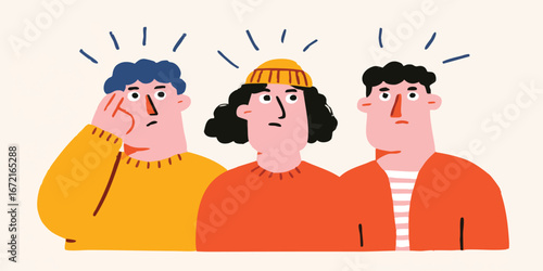Three figures are presented in a flat illustration style. The central figure stands with a neutral expression. The two flanking figures convey contemplation or concern.