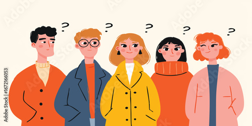 Five individuals ponder questions as the thought bubbles hover overhead, capturing the uncertainty and curiosity of the situation, the vibrant colors and diverse characters.