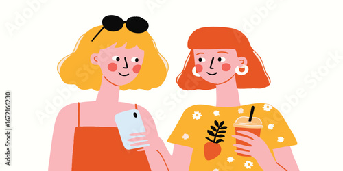 Two female friends captured in a vibrant, stylish illustration enjoying quality time. Capturing their relaxed mood and shared moments, perfect for projects emphasizing connection, leisure.