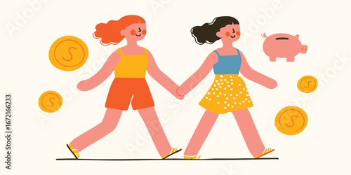 Two smiling friends stride hand-in-hand towards financial goals, symbolized by coins and a piggy bank in a charming illustration.