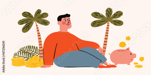 A relaxed individual envisions financial prosperity and future plans for the future and is surrounded by symbols of wealth and savings.