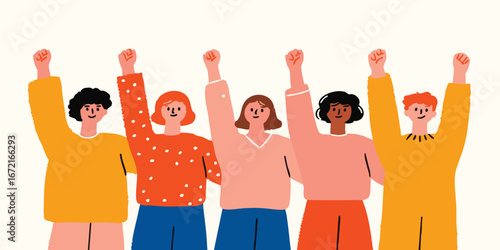 Unity and empowerment are embodied in a vibrant illustration. Depicting a diverse group of individuals with fists raised in a gesture of solidarity and strength.