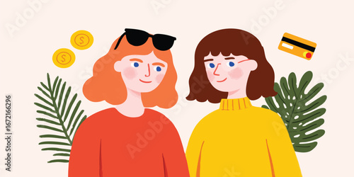 Two young women in vibrant clothing and accessories are captured against a soft backdrop with currency symbols, and a credit card in this animated illustration.