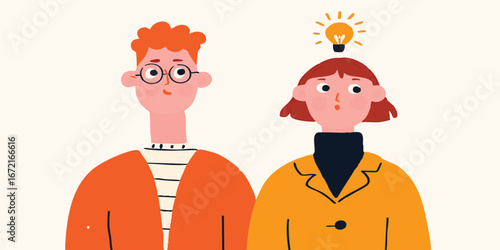 Illustration of two creative minds, illuminated by a lightbulb idea above, highlighting brainstorming and innovation. 