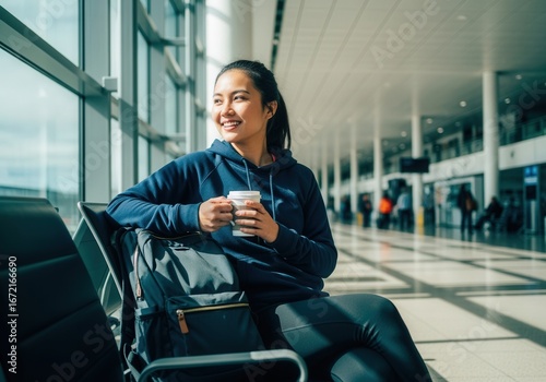 Happy smiling woman sitting in airport lounge with takeaway coffee and backpack, relaxed before departure, enjoying vacation travel, holiday trip, modern terminal, sunlight background