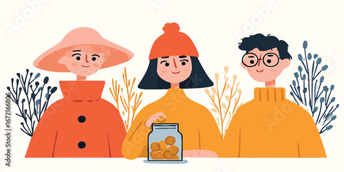 A heartwarming illustration shows three individuals united in the act of saving, a visual representation of the power of collective contribution and secure future.