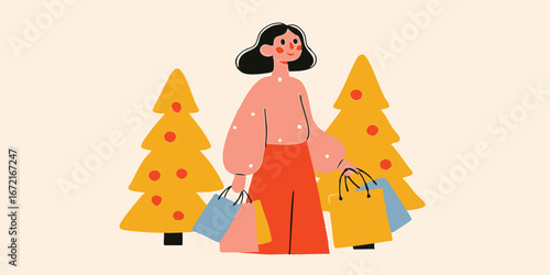 A joyful woman revels in the shopping spree, emerging from a festive scene of holiday cheer, her arms laden with colorful shopping bags.