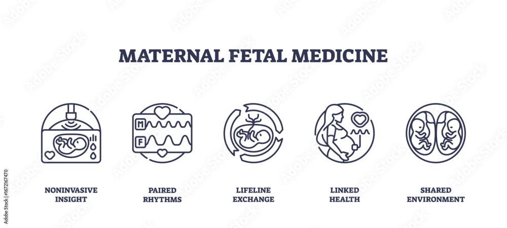 Φωτογραφία Maternal fetal medicine is depicted with outline icons showing ultrasound, heart monitor, placenta, mother-baby link, and twins to illustrate prenatal care