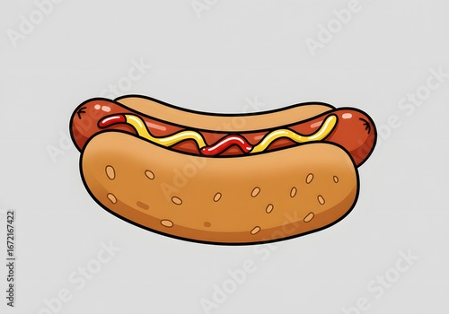 Cartoon Hot Dog with Mustard and Ketchup Illustration