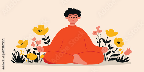 A serene figure finds inner peace through the practice of meditation, enveloped by the tranquility of nature, promoting mindfulness, well-being, and spiritual connection.