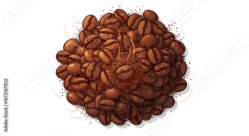 A cluster of coffee beans piled together with visible ground coffee dust