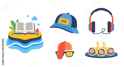 Illustration of a book on an island with other summer themed objects