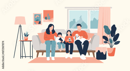 A heartwarming family gathering in a cozy living room on a bright afternoon