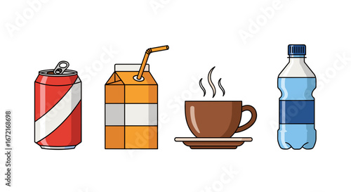 Illustration of a soda can, juice box, coffee cup, and water bottle
