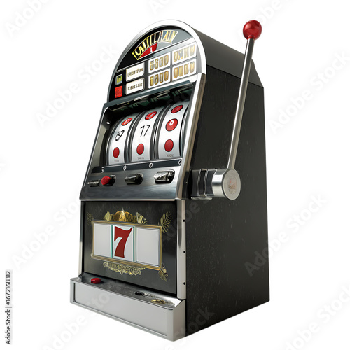 Classic Slot Machine Casino Gambling Vegas 3D Render Retro Game Lucky Seven on transparent background