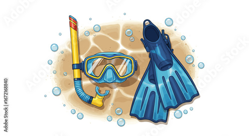 Illustration of snorkeling gear including a mask snorkel and flippers