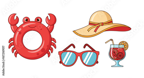 Illustration of summer themed items including a crab float and drink