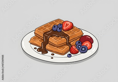 Cartoon Waffles with Chocolate Syrup and Fresh Berries