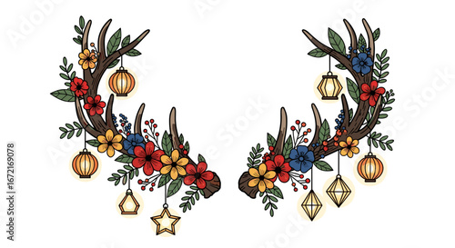 Floral antlers adorned with lanterns and star shaped ornaments design
