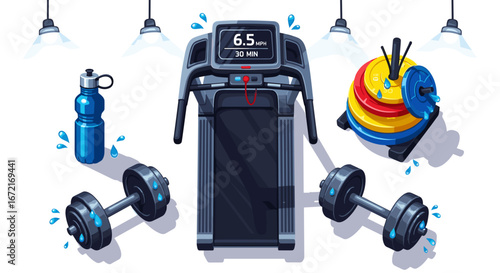 Overhead view of a treadmill dumbbells weights water bottle and lights