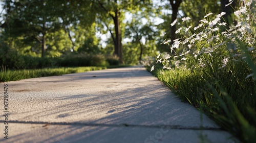 Wallpaper Mural Pathway scene with flowers, trees, and sunlight casting shadows on ground Torontodigital.ca