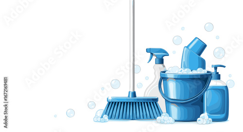 Illustration of cleaning supplies including a broom bucket and detergents