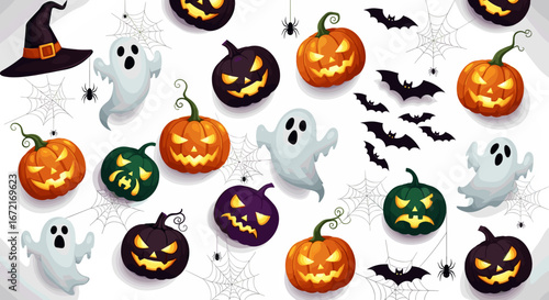 A halloween themed pattern with pumpkins ghosts bats and spider webs art