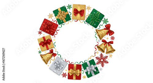 Oval christmas frame made of gifts bells and snowflakes on white background