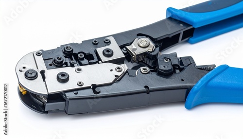 Professional cable crimper with ratchet mechanism interchangeable heads insulated handles and high strength steel body isolated on white background wire termination tool
