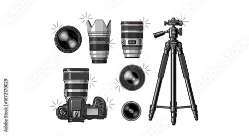 Illustration showcasing a camera body lenses and a tripod arrangement