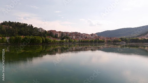 Wallpaper Mural Aerial Drone Pan Shot Of Still Lake With Cloud And Mountain Reflections In Kastoria, Macedonia, Greece. Torontodigital.ca
