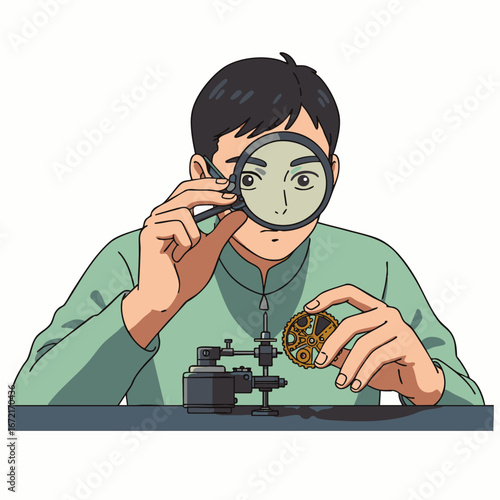 A meticulous craftsman intently examines intricate clockwork gears with a magnifying glass, demonstrating precision and expertise in his detailed work.