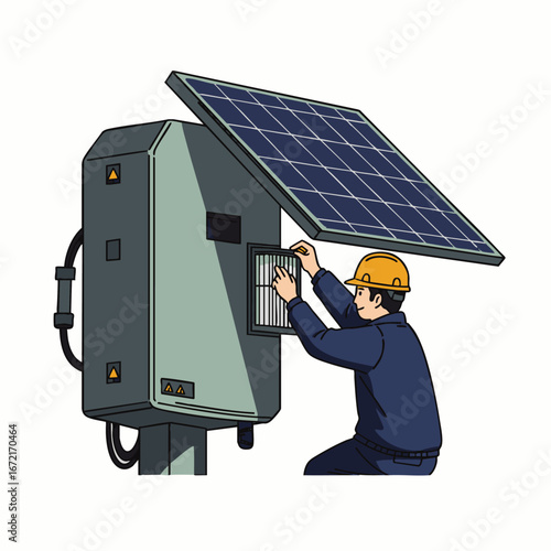 A skilled technician in a hard hat performs essential maintenance on an outdoor solar-powered equipment unit, ensuring its optimal function and sustainable energy operation.