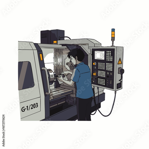 A skilled technician carefully operates a modern CNC milling machine, demonstrating precision manufacturing and advanced industrial technology in a workshop setting.