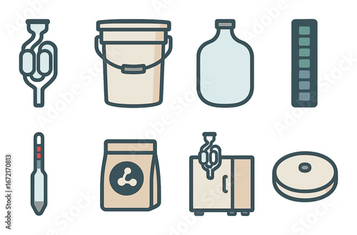 Beer brewing icons: bucket, thermometer, jug, fermentation equipment, test strip, malt bag