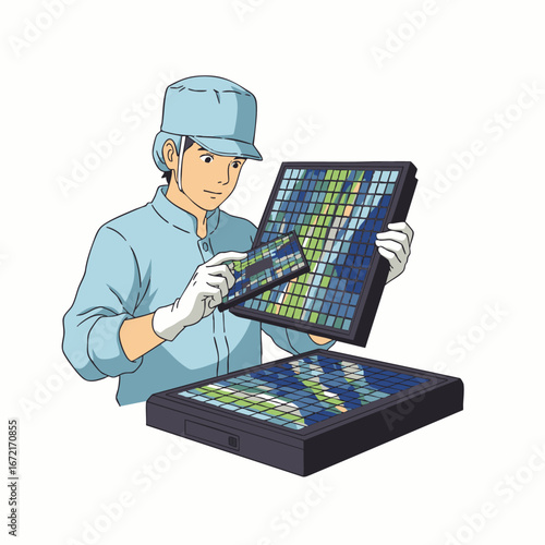A skilled technician in a cleanroom uniform meticulously examines advanced electronic display panels, performing quality control in a high-tech manufacturing environment.
