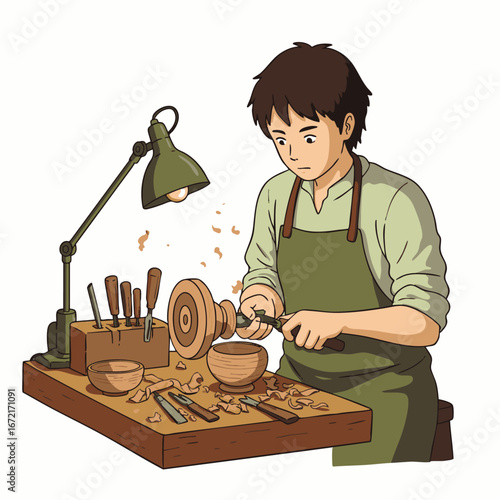A diligent young artisan meticulously crafts a beautiful wooden bowl using traditional tools and a lathe at a well-lit workbench, showcasing skilled handiwork.