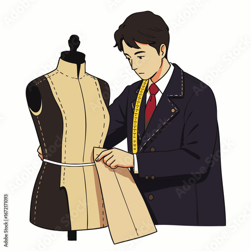 A dedicated male fashion designer meticulously works on a new garment, carefully draping fabric on a dress form with a measuring tape nearby.