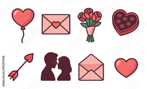 Romantic icons: balloon, love letter, bouquet, chocolates, cupid's arrow, couple silhouette, heart