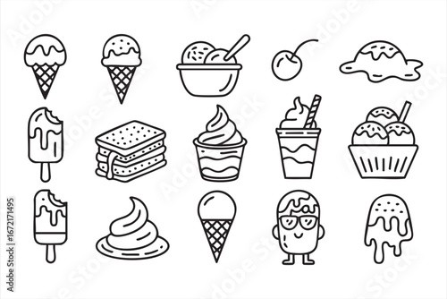 Ice cream sundae and milkshake doodle icons collection