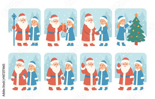 Santa claus and female helper in blue coats decorate christmas tree in winter scene