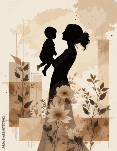 Silhouette of a mother holding her baby surrounded by flowers in warm earthy tones, art illustration