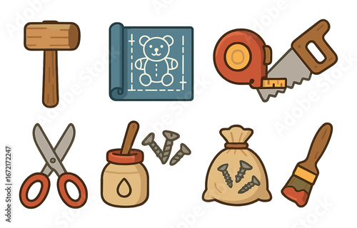 Cartoon diy tools and blueprints illustrated on wooden background