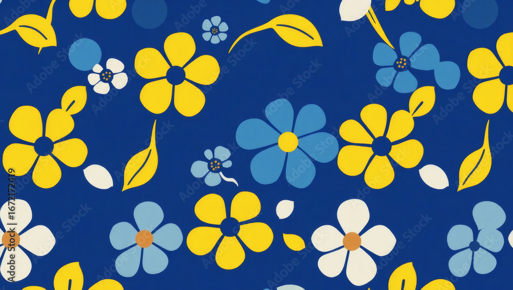 Playful retro floral seamless pattern with yellow and blue ditsy flowers on a dark background, a vibrant vintage-inspired vector illustration for textiles and wallpaper