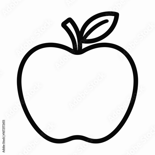 Simple black and white outline vector illustration of a fresh apple with a stem and leaf white background