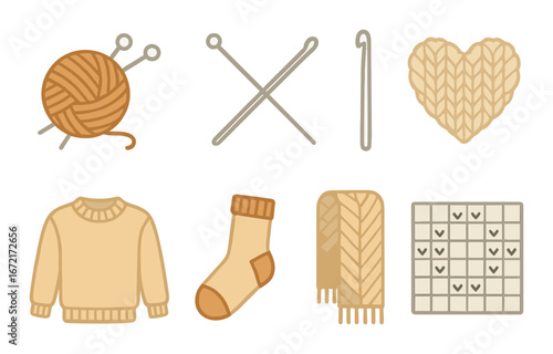 Knitting icons: yarn, needles, sweater, sock, pattern, heart motif