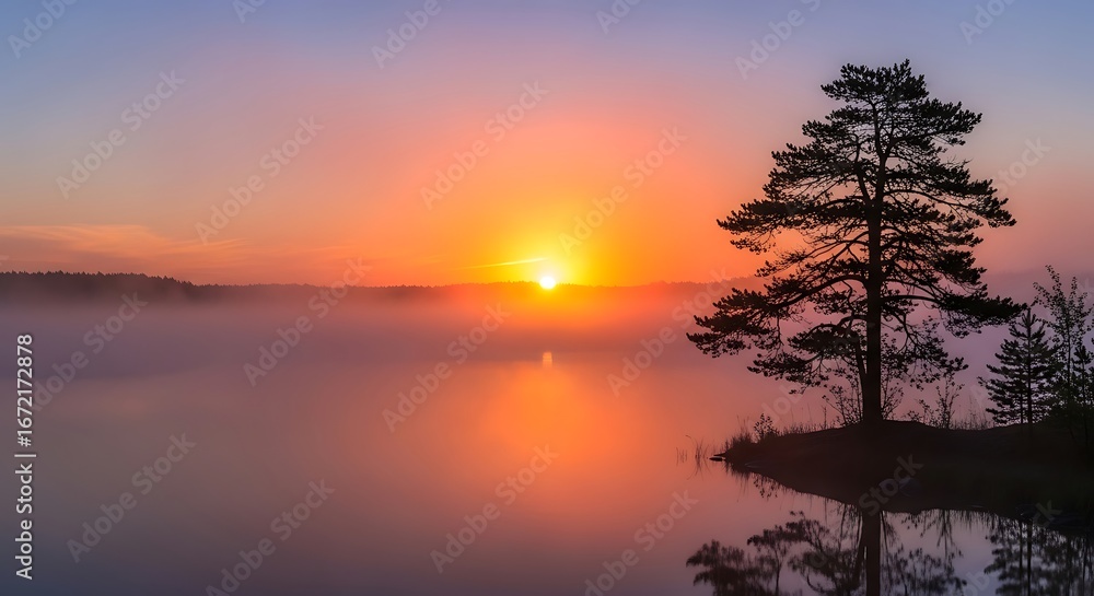 Fototapeta premium Stunning sunset over tranquil lake with silhouetted trees reflecting in the calm water creating serenity