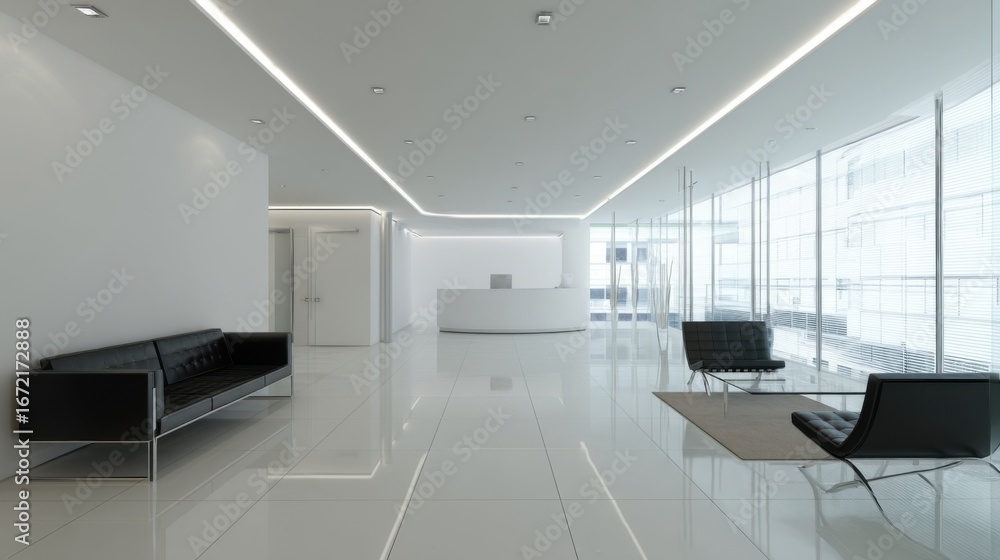 Fototapeta premium Modern minimalist lobby with white glossy floors, black leather sofa, chrome frames, recessed lighting,